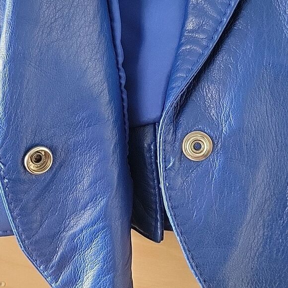 VTG Michael Hoban North Beach XS S 80s Blue Leather Jacket Cropped Peplum Moto - Picture 6 of 15